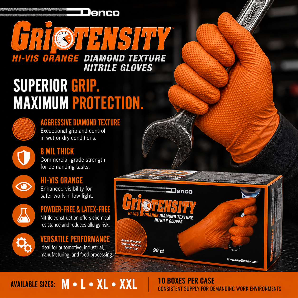 #15000 Denco Orange GripTensity Commercial Grade Nitrile Gloves - DIAMOND - 8MIL