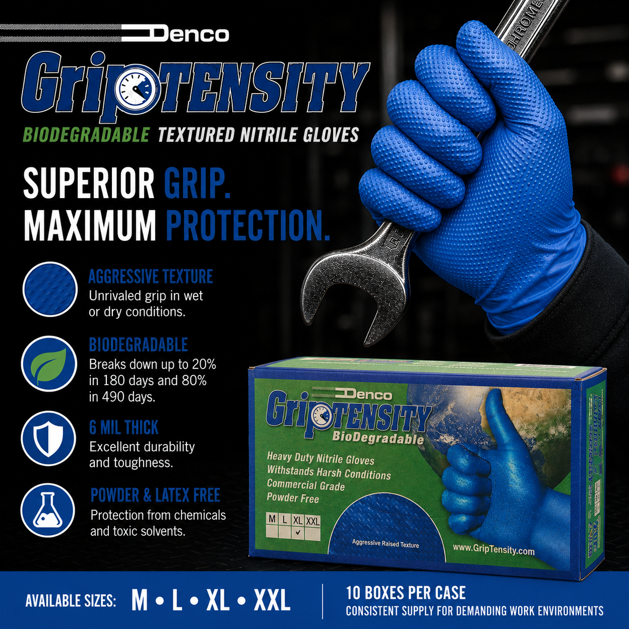 #16040 Denco Blue GripTensity Biodegradable Textured Nitrile Gloves - Powder & Latex Free - 6MIL