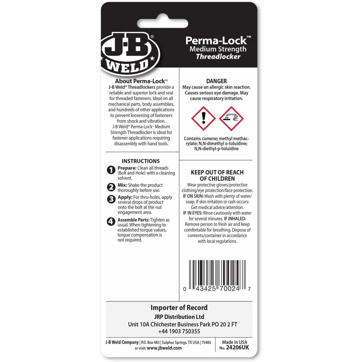 #24206 JB Weld Perma-Lock Blue Threadlocker  .2 Oz. 6/Case