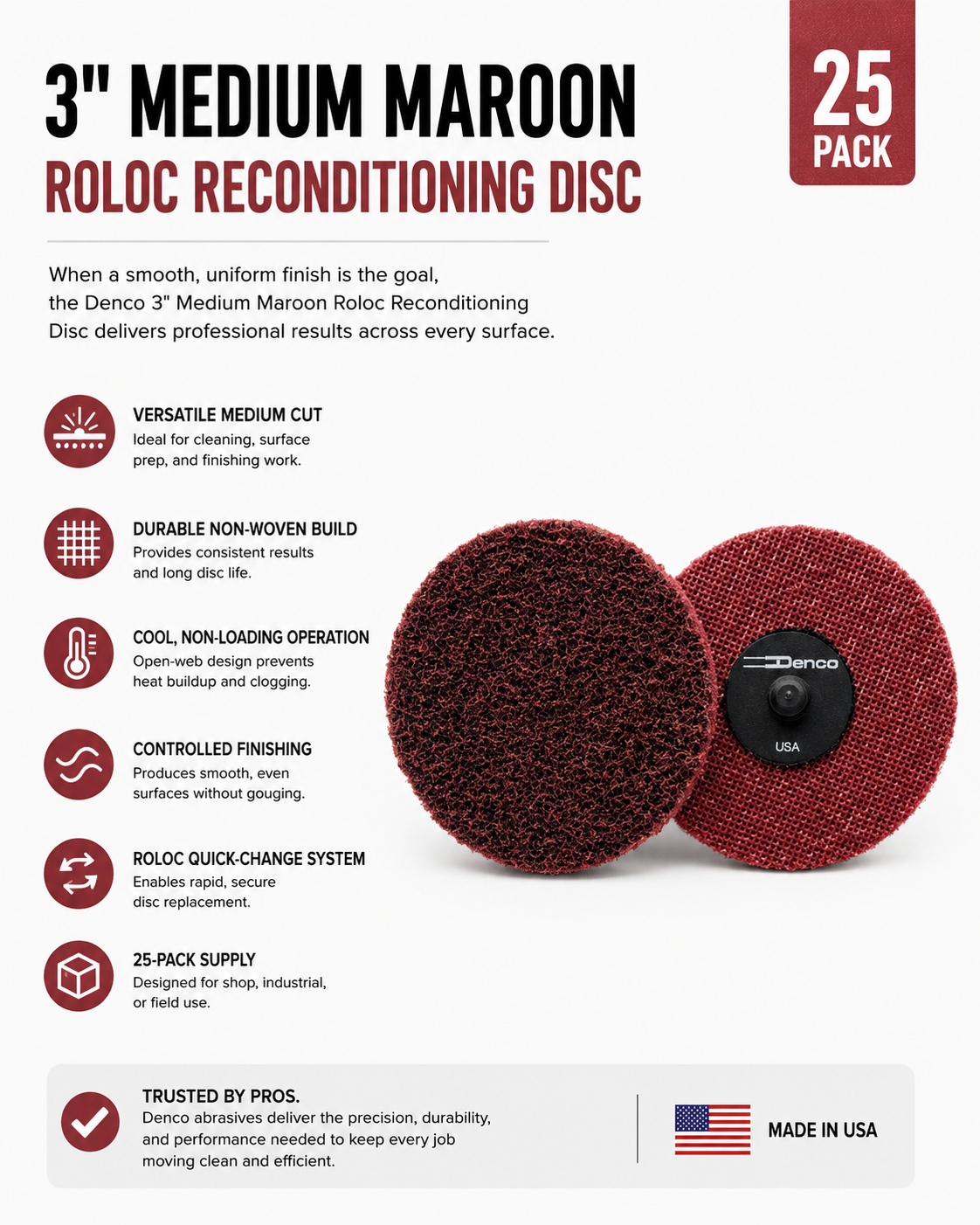 #7486TB Denco Recon Disc 3" Roloc Medium Maroon 25 Pack