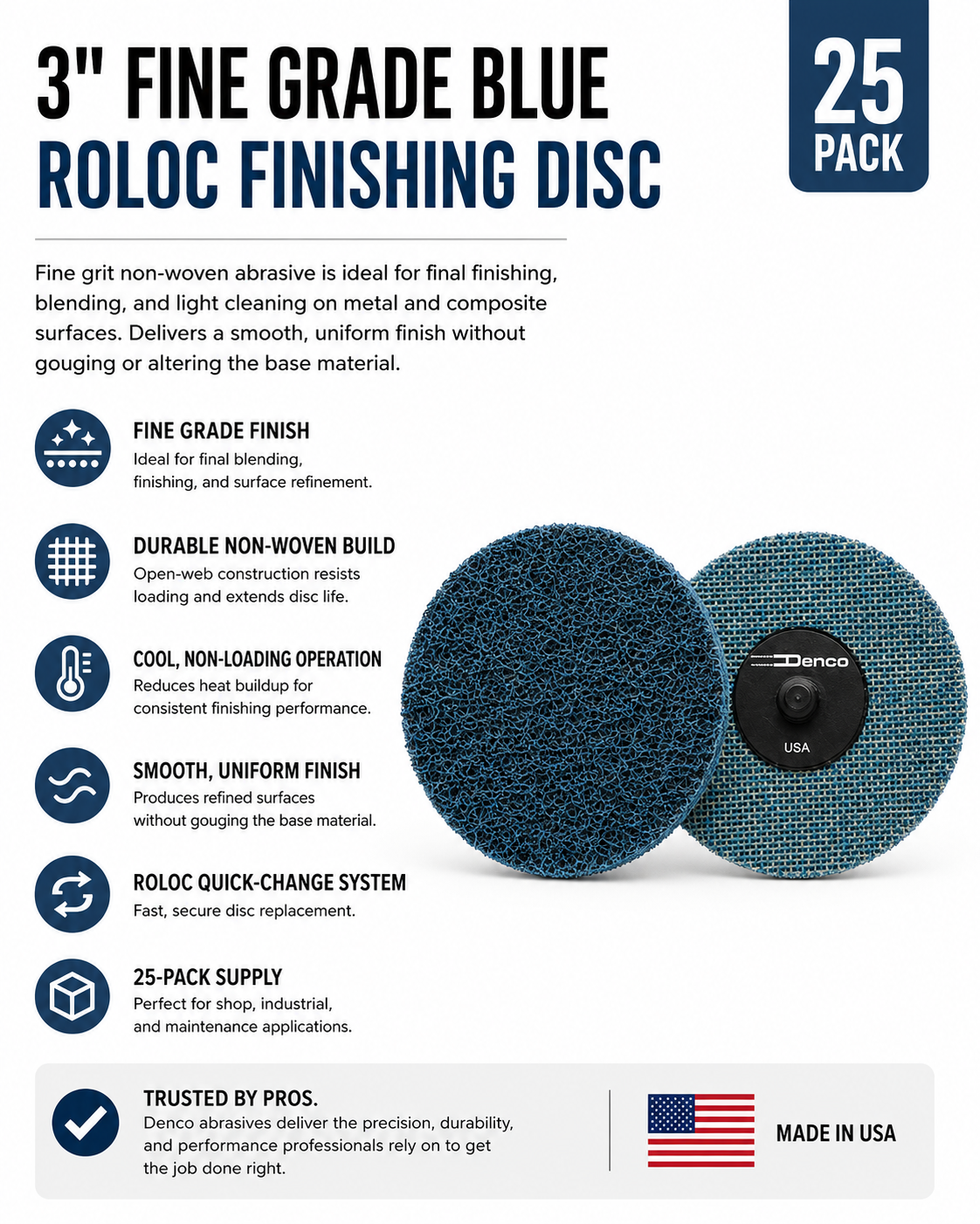 #7513TB Denco Recon Disc 3" Roloc Fine Blue 25 Pack