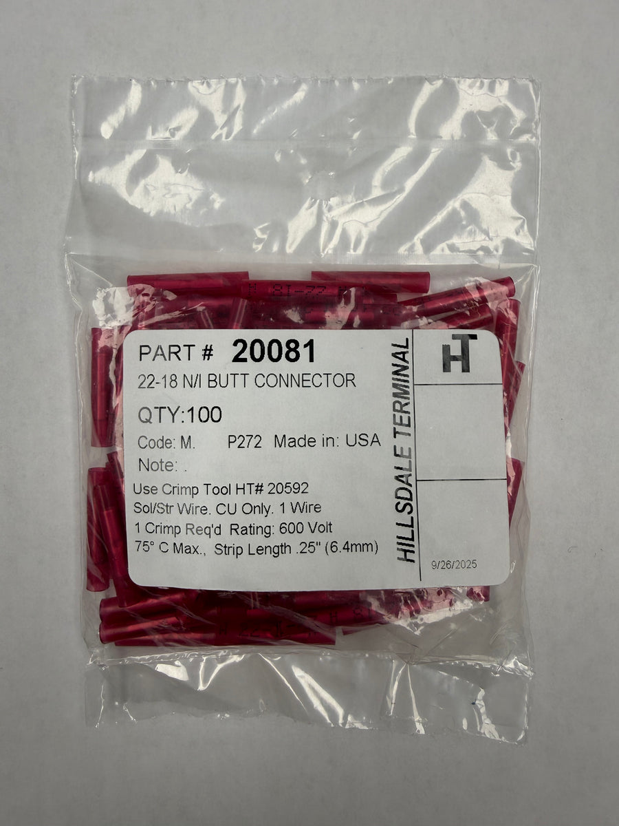 #20081 Nylon 22-18 Insulated Pink Butt Connector 100 Pack