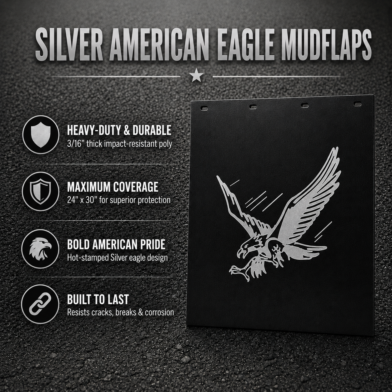 #2430SE Silver American Eagle Mudflaps - 24x30" PAIR