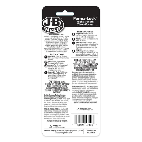 #27106 JB Weld Perma-Lock Red Threadlocker  .2 Oz. 6/Case